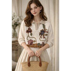 Vintage Womens 80s Polo Sweater Applique Floral Grandma Retro Cottagecore READ L